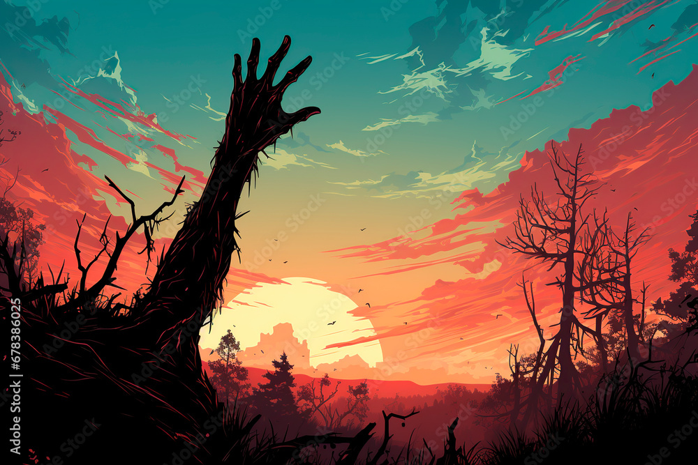 Dead tree in the forest at sunset