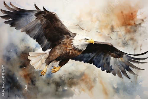 A bald eagle soaring, water color painting. photo