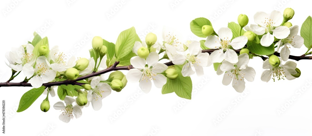 Springtime branches adorned with Apple blossoms and fresh green leaves Springtime branches adorned with Apple blossoms and fresh green leaves
