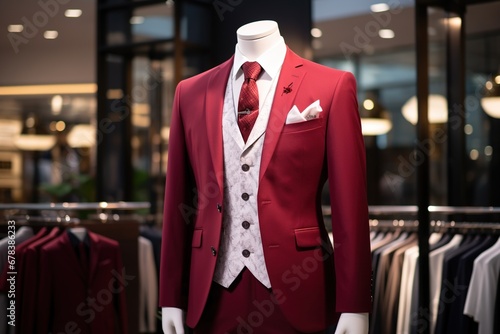 A Classic Suit in red color in a Clothing Store. © Bargais