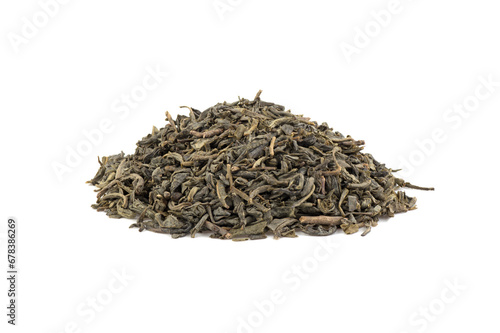 Heap of Chinese green tea on a white background. Full depth of field.