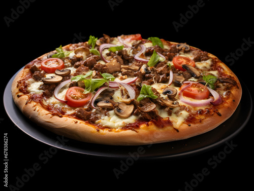 Close up of of pizza with ground beef, isolated on black background 