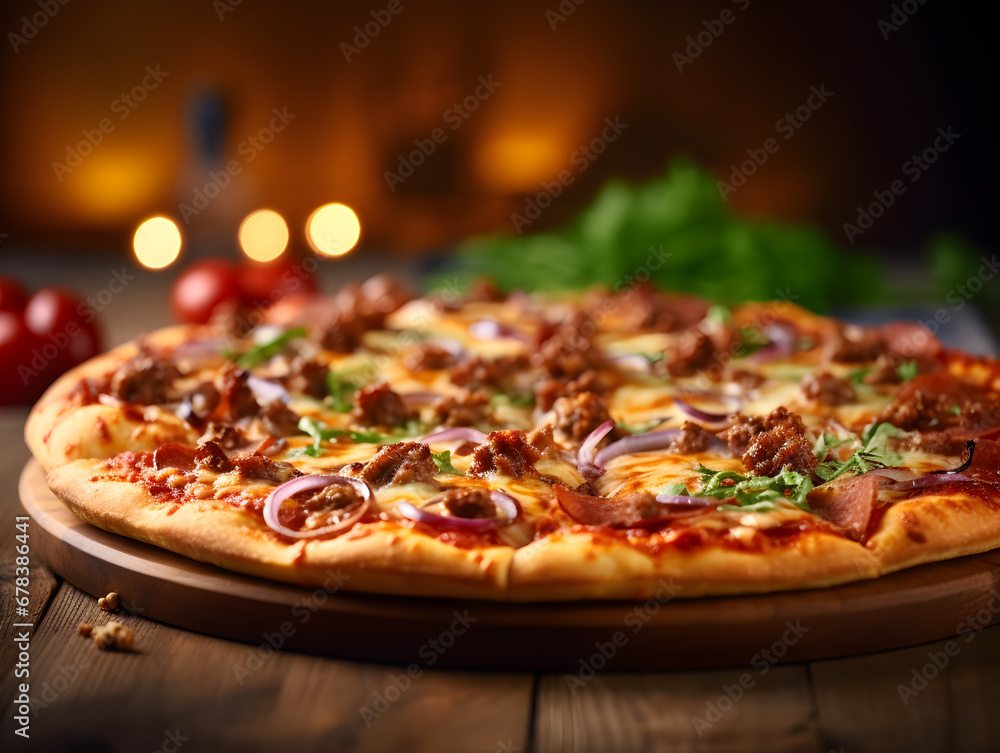 Close up of delicious pizza with ground beef on wooden table, blurry background 