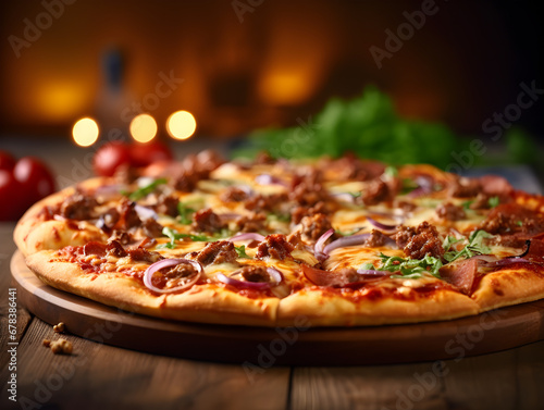 Close up of delicious pizza with ground beef on wooden table, blurry background 
