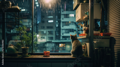 Cat looking out of a window onto a cityscape in the rain (ID: 678386483)