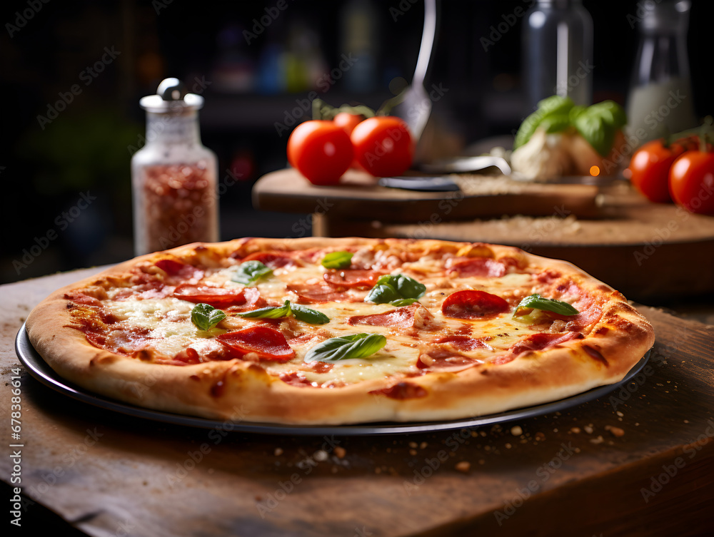 Fresh baked margarita pizza with cheese, on wooden plate, blurred kitchen background