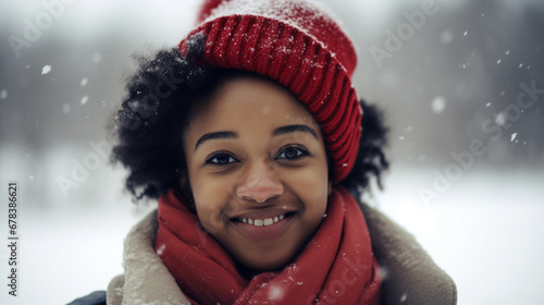 African-American woman wearing a red scarf and hat. AI Generated