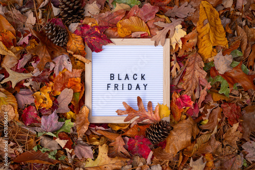 Black Friday Letter Message Board Promotional Message In Frame Pile of Colorful Fall Autumn Leaves