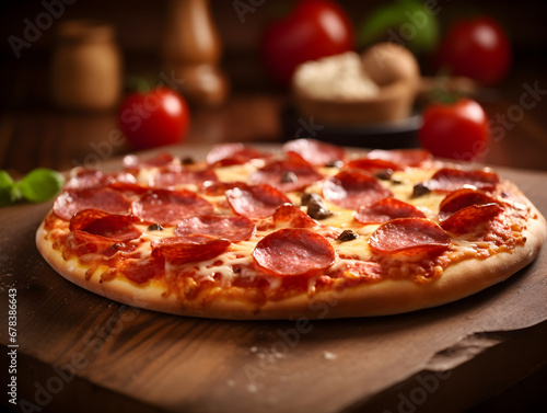 Fresh baked pepperoni pizza on wooden table, blurry background