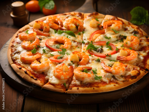 Close up of pizza with shrimp, wooden table and blurry background 