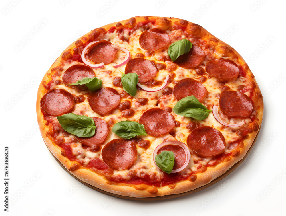 Top view of pepperoni pizza, isolated on white background 