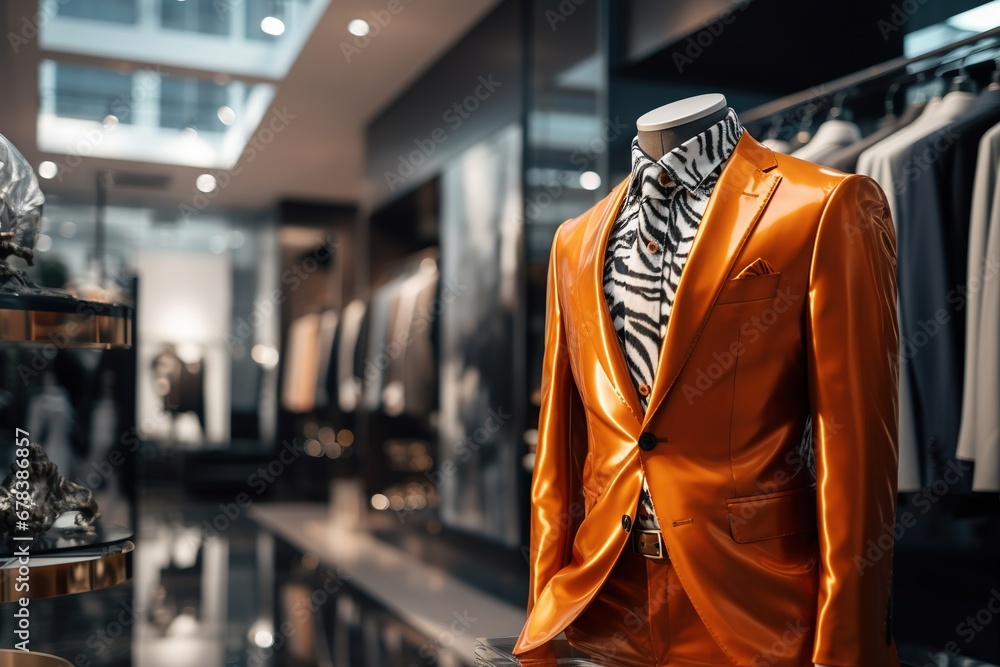 A Classic Suit in tiger color in a Clothing Store. A Classic Suit in tiger color in a Clothing Store.