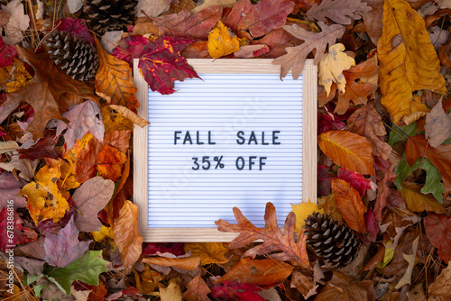 Fall Sale 35% Off Letter Message Board Promotional Message In Frame Pile of Colorful Autumn Leaves