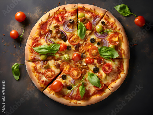 Deliciose vegetarian pizza with vegetables isolated on white background  photo