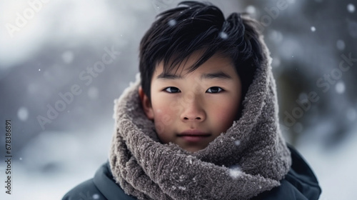 American-Korean boy in a gray scarf. AI Generated