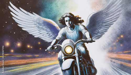An angel riding a motorcycle