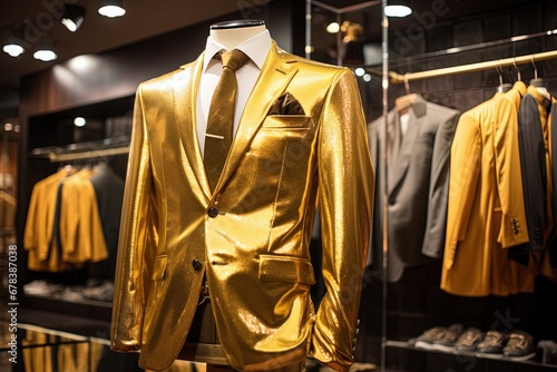 A Classic Suit in golden color in a Clothing Store.