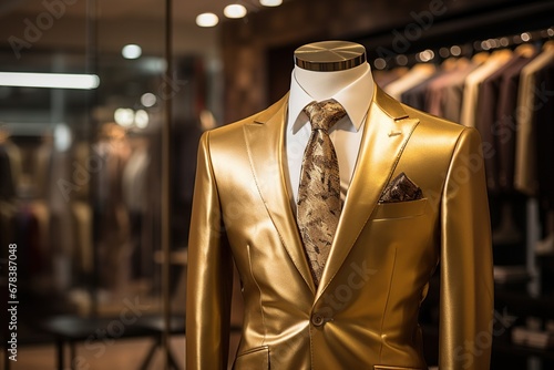 A Classic Suit in golden color in a Clothing Store.