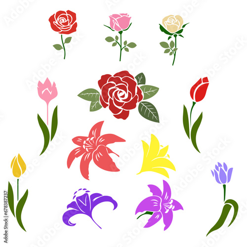 a collection of colorful roses, tulips and lilies