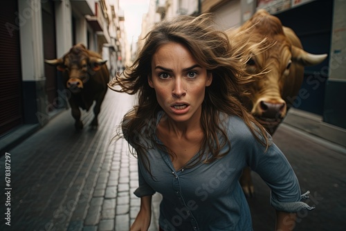 Scared woman running from a bull through Spain streets.
