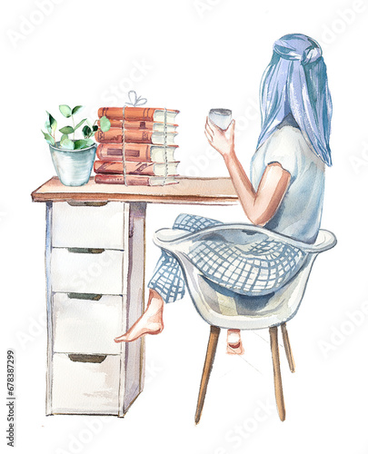 Beautiful young boss girl. Watercolor business woman design. Work place illustration.Design for planner,work book. Office concept design.Freelance,work from home scene.