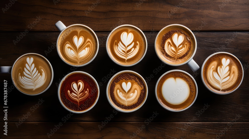 Cups of coffee with styles of hearts shaped in the foam of them Cups of coffee with styles of hearts shaped in the foam of them