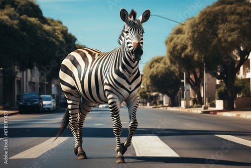 Zebra crosses the street on a zebra crossing. photo