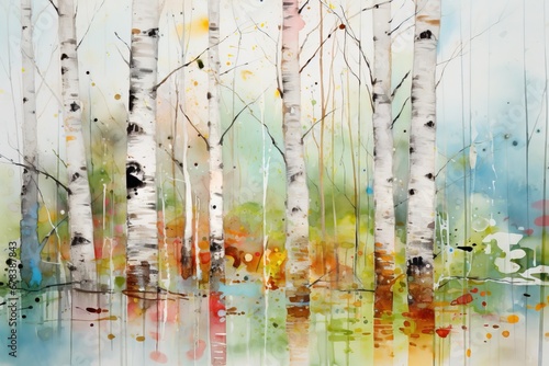 Watercolor painting forest landscape of birch trees in spring. © Bargais