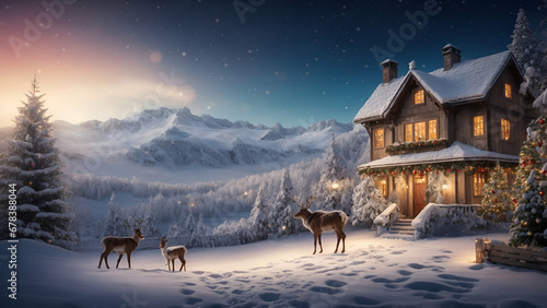 mountain cabin background for Christmas , snowy mountain cabin © farzanehappy