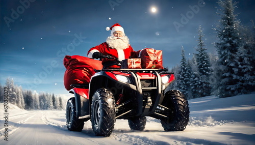 ATV with santa claus, gift boxes in rucksack. Santa Riding An quad bike. Santa Claus on sport racing vehicle wearing red classic costume. Man dressed as Santa Claus riding on nord pole. Generative ai photo