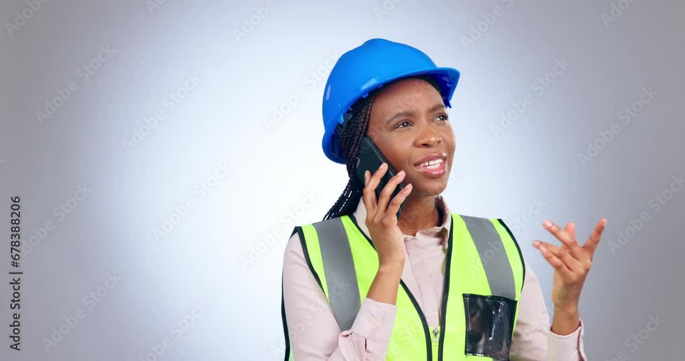 Black woman with helmet, engineering and phone call in studio with questions and advice in project management. Construction, architecture and talk, confused girl with cellphone on gradient background Black woman with helmet, engineering and phone call in studio with questions and advice in project management. Construction, architecture and talk, confused girl with cellphone on gradient background