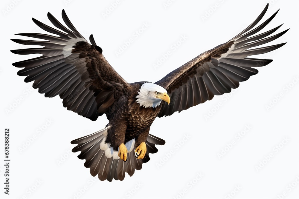 Obraz premium A bald eagle soaring, isolated on white background.