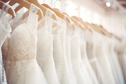 Beautiful elegant white luxury bridal dress on hangers.