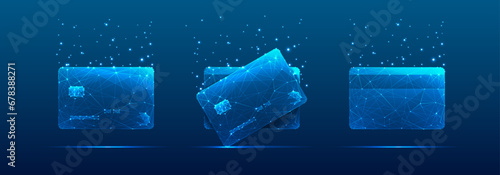 Abstract set of credit bank cards in futuristic hologram blue on a technology background. Digital debit and credit payment cards with glowing light dots. Money concept. Low poly vector illustration.