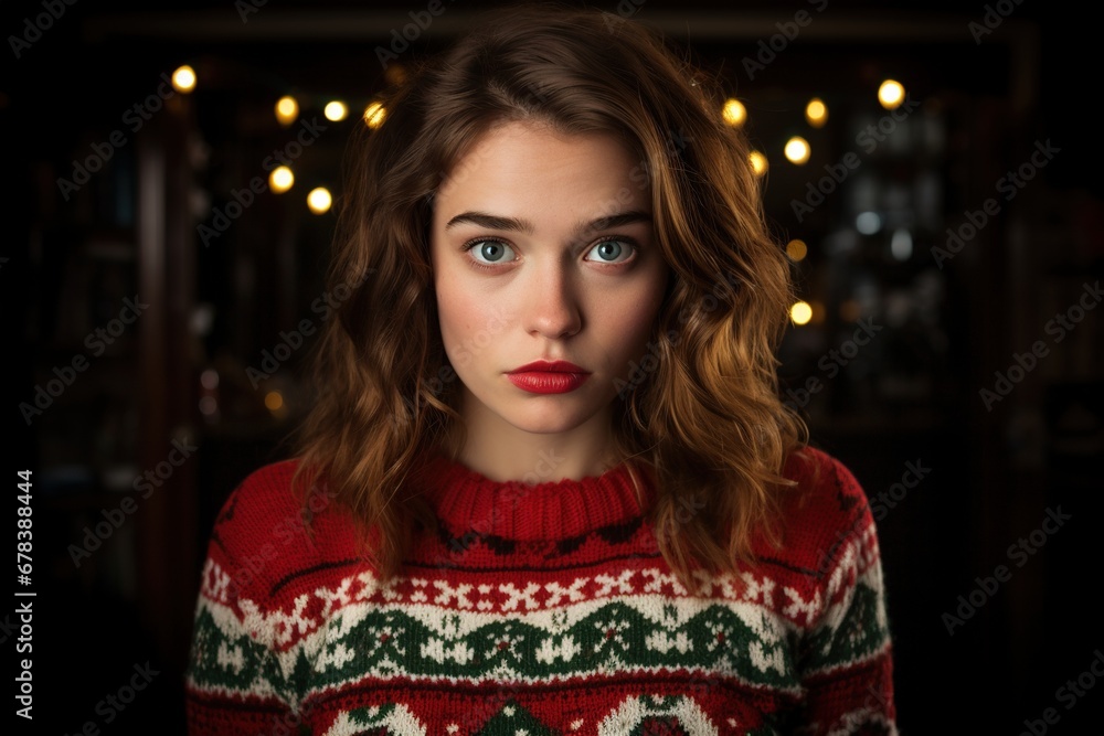 Young beautiful woman in ugly Christmas sweater.
Young beautiful woman in ugly Christmas sweater.