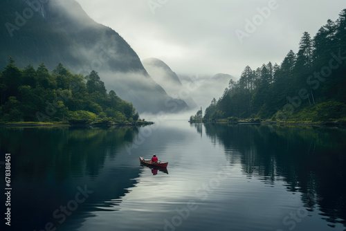 Canoeing on a forest lake in the mountains photo