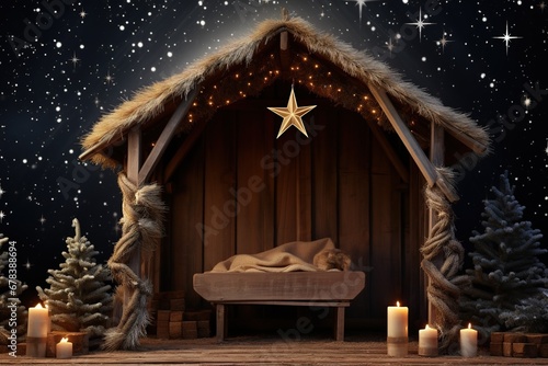 Christmas scene with an empty wooden manger. photo