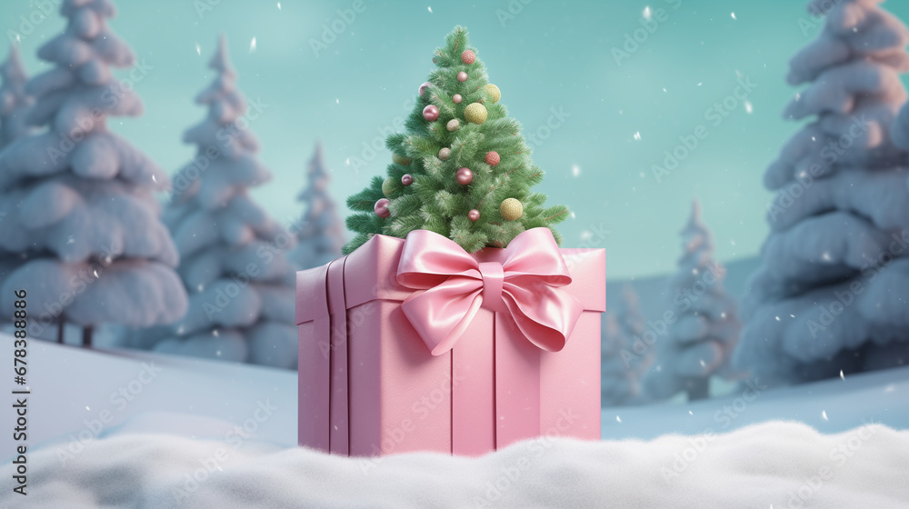Pink gift box with christmas tree against snowy landscape with fir trees Pink gift box with christmas tree against snowy landscape with fir trees
