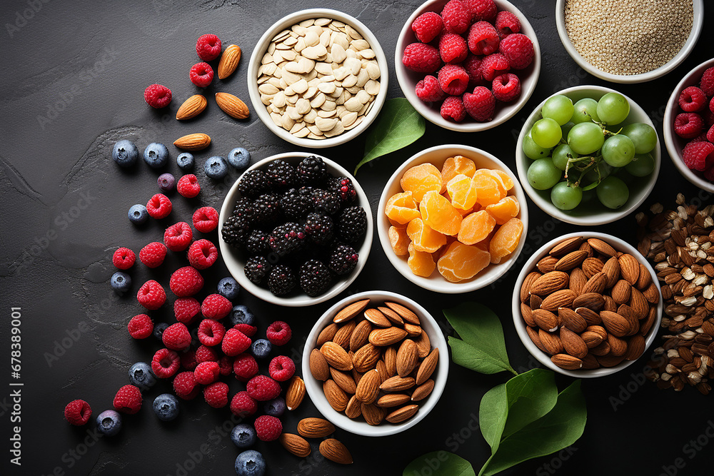 High protein foods including legumes, meat, fish, berries, bananas, nuts, seeds, grains and powdered supplements. Foods rich in fiber, antioxidants and vitamins. AI High protein foods including legumes, meat, fish, berries, bananas, nuts, seeds, grains and powdered supplements. Foods rich in fiber, antioxidants and vitamins. AI