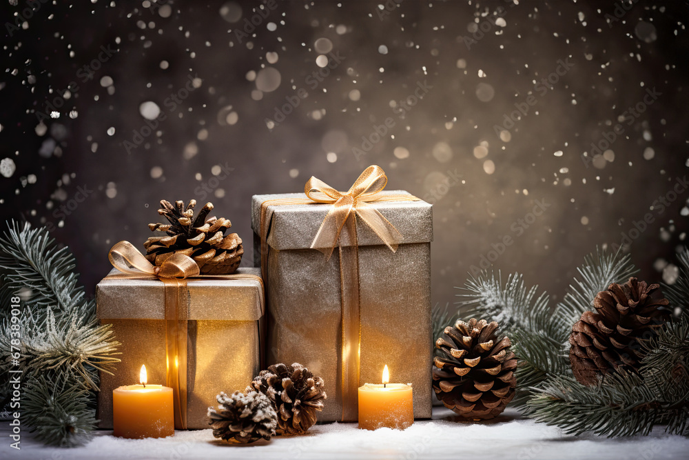 Christmas and New Year background. Gift boxes, candles and pine branches with bokeh lights