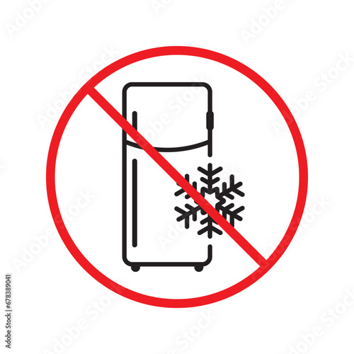 Forbidden Prohibited Warning, caution, attention, restriction label danger. No Refrigerator vector icon. Frig flat sign design. Do not use Freezer symbol pictogram. Frig icon. Refrigerator sign UX UI