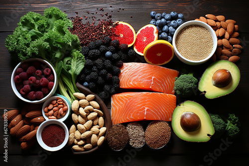 High protein foods including legumes, meat, fish, berries, bananas, nuts, seeds, grains and powdered supplements. Foods rich in fiber, antioxidants and vitamins. AI