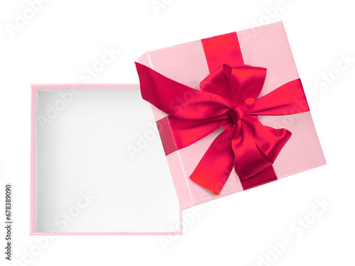 Φωτογραφία Pink open gift box with red bow and ribbon isolated on white