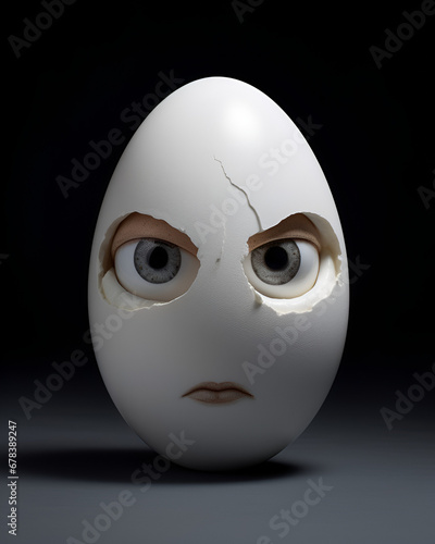 Angry egg with eyes and mouth, on a black background. Funny creative concept. 