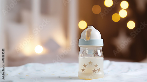 baby bottle, pacifier, milk, baby formula, food, children's room on the background, childhood, newborn, feeding, kid, child, home, comfort, health, birth photo