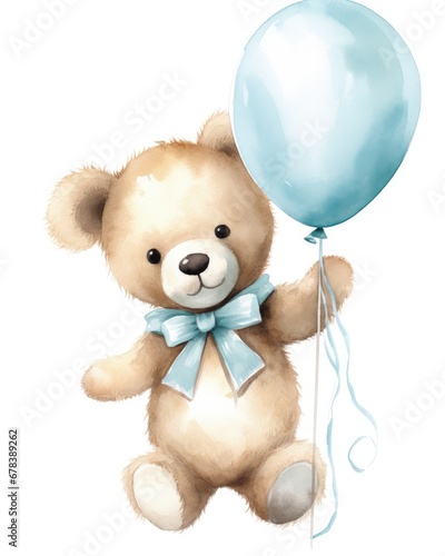 Cute Brown Teddy Bear with Blue Balloon Illustration