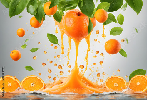 Big fall of orange juice butter and fresh oranges photo