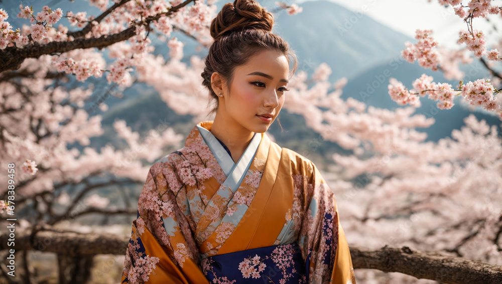 Portrait of a beautiful young Japanese girl in a traditional kimono, sakura flowers Portrait of a beautiful young Japanese girl in a traditional kimono, sakura flowers