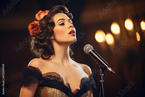 Beautiful female opera singer sings.	 photo
