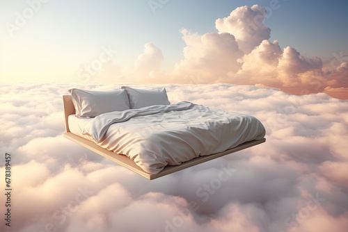 A bed with a blanket and pillows in the clouds. 